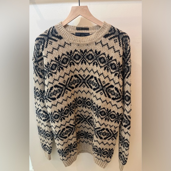 Vintage 90s Abercrombie Navy Blue and Beige Fair Isle Crew The Big Sweater Large - Picture 2 of 6